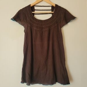 Free People Vintage Y2K Babydoll Gauzy Crinkle Cotton Boho Brown Top Size Small